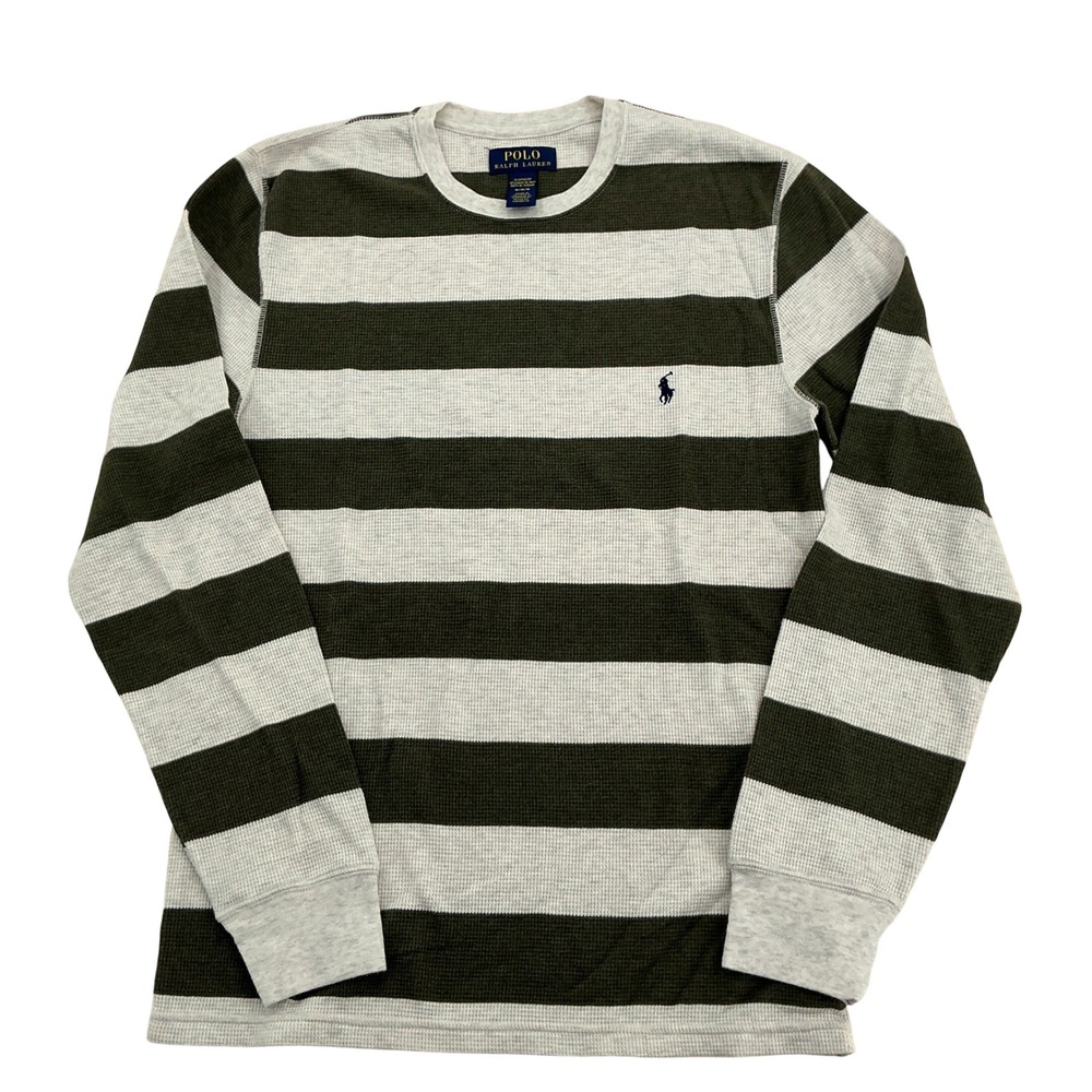 Vintage Polo Ralph Lauren Shirt Mens Medium Green Grey Striped Thermal Waffle